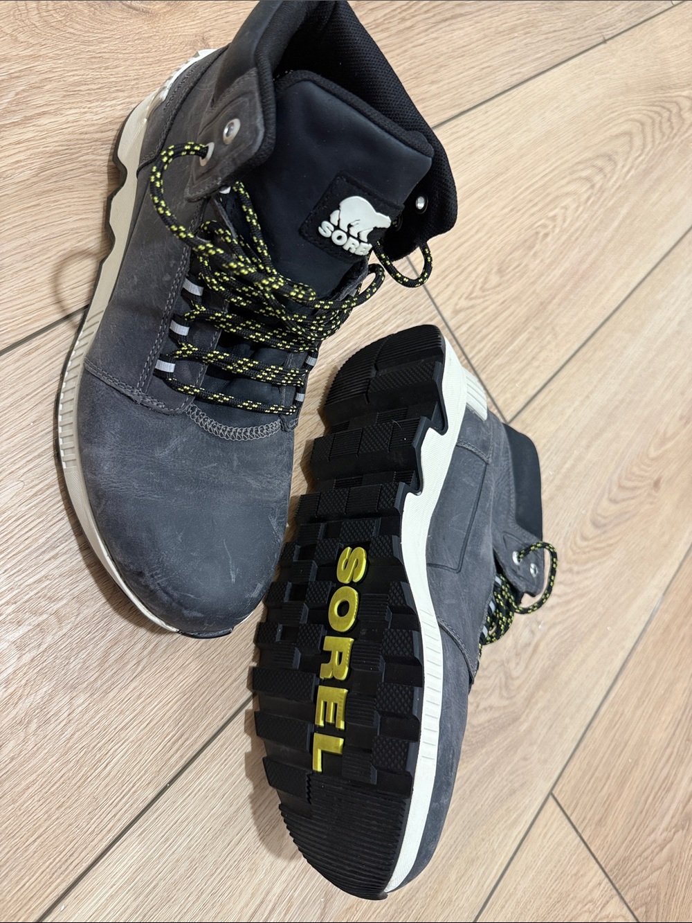 Sorel Gray and Black Leather Hiking Boots with Yellow Accents